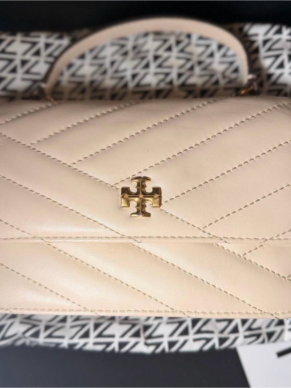 Tory Burch Cream Quilted Leather Satchel With Gold Logo